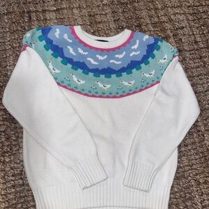 Eddie Bauer White Sweater with Blue and Pink duck Design